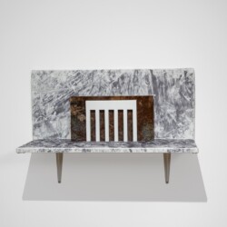 Nylon National, 2017, Red marble, white marble, inkjet print on leatherette, wood, shelf brackets 38 x 80 x 35 cm 2017 © Photography Boris Kirpotin, March 2017 Athens, Greece