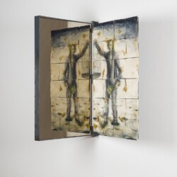 Antoine T.E., 2016-2017, Metal, animal bones, mirror, beeswax and oil 85,5 x 51,5 cm (closed) 85,5 x 103 cm (open) thickness: 5,3 cm