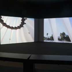 Installation view of: m.a.a.D., 2014, Double channel colour projection (35 mm film transferred to digital) four channel sound, subwoofer 1AP Loop, running time: 15:07 (Music by Kendrick Lamar) 2016 © Photography Boris Kirpotin, November 2016 Athens, Greece