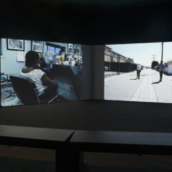 Installation view of: m.a.a.D., 2014, Double channel colour projection (35 mm film transferred to digital) four channel sound, subwoofer 1AP Loop, running time: 15:07 (Music by Kendrick Lamar) 2016 © Photography Boris Kirpotin, November 2016 Athens, Greece
