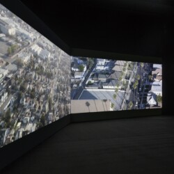 Installation view of: m.a.a.D., 2014, Double channel colour projection (35 mm film transferred to digital) four channel sound, subwoofer 1AP Loop, running time: 15:07 (Music by Kendrick Lamar) 2016 © Photography Boris Kirpotin, November 2016 Athens, Greece