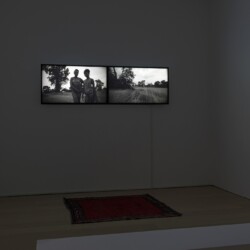 Installation view of: Nooksie & Janet, 2016, B&W HD video, two channel, two HD monitors Stereo sound Ed 1/3. 1AP Loop, running time: 7:32 (Music by Flying Lotus) 2016 © Photography Boris Kirpotin, November 2016 Athens, Greece