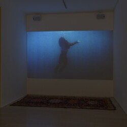 Installation view of: Until the Quiet Comes, 2012, Single channel colour HD projector (35 mm flim transferred to digital) Stereo sound Ed 1/3, 1AP Loop, running time: 3:41 (Music by Flying Lotus) 2016 © Photography Boris Kirpotin, November 2016 Athens, Greece