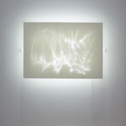 Grattage, 2016, Glass, paper, iron, neon 205 x 150 x 22 cm