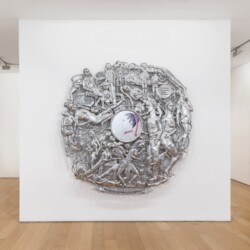 Under Perfect Mirror, 2014, Aluminum, resin, color pigment, thread and permanent marker on mirror coated in polyurethane 3/3 (Edition of 3 + 1 AP in brass; each mirror is unique) Diam. 200 cm