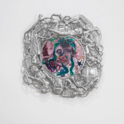 Double Portrait, 2014, Aluminum, resin, color pigment, thread and oil color on glass Unique 100 cm diam.