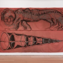 "Red Lion", 1981, Charcoal, Paint, Spray on Red Cotton (2) x 150 x 500 cm