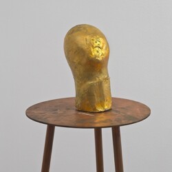 Untitled, 1980's-1990's, gold painted clay, copper tripod head: 22 x 10 x 14 cm