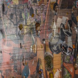 Lovers Swarm (detail), 2017, Paper, pins, oil, foam and linen over panel 245,5 x 244,5 x 20,5 cm