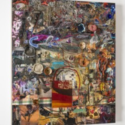 The Song Dissolves, 2016, Paper, oil, pins, fabric, glass, wood, foam, and linen on panel 166,5 x 143 x 18 cm