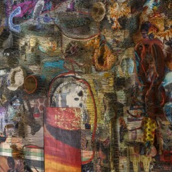 The Song Dissolves (detail), 2016, Paper, oil, pins, fabric, glass, wood, foam, and linen on panel 166,5 x 143 x 18 cm