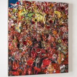Every Tone, 2017, Paper, oil, pins, fabric, glass, lotus, plastic, ceramic, metal, shell, foam and linen on panel 154 x 133 x 18 cm