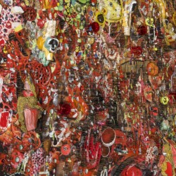 Every Tone (detail), 2017, Paper, oil, pins, fabric, glass, lotus, plastic, ceramic, metal, shell, foam and linen on panel 154 x 133 x 18 cm