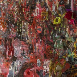 Every Tone (detail), 2017, Paper, oil, pins, fabric, glass, lotus, plastic, ceramic, metal, shell, foam and linen on panel 154 x 133 x 18 cm