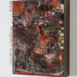 Flag (Second view), 2017, Paper, oil, pins, fabric, foam, and linen on panel 62 x 46,5 x 13 cm