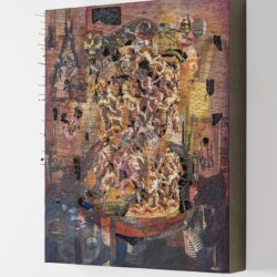 Parade (Second view), 2017, Paper, oil, pins, foam and linen on panel 77 x 62 x 13 cm