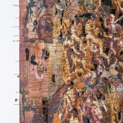 Parade (detail), 2017, Paper, oil, pins, foam and linen on panel 77 x 62 x 13 cm