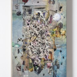 Column I, 2017, Paper, oil, pins, foam and linen on panel 92 x 61,5 x 13 cm