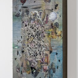 Column I (Second view), 2017, Paper, oil, pins, foam and linen on panel 92 x 61,5 x 13 cm