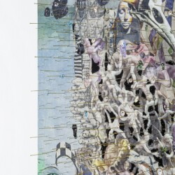 Column I (detail), 2017, Paper, oil, pins, foam and linen on panel 92 x 61,5 x 13 cm
