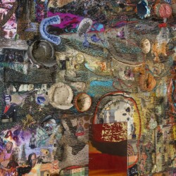 The Song Dissolves (detail), 2016, Paper, oil, pins, fabric, glass, wood, foam, and linen on panel 166,5 x 143 x 18 cm