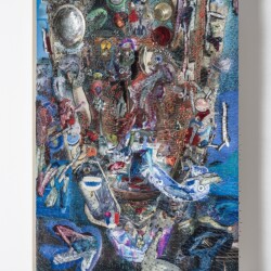 Over-long faces, 2017, Paper, oil, pins, abalone shell, glass, foam and linen on panel 92 x 61,5 x 13 cm
