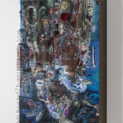 Over-long faces (Second view), 2017, Paper, oil, pins, abalone shell, glass, foam and linen on panel 92 x 61,5 x 13 cm