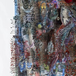 Over-long faces (detail), 2017, Paper, oil, pins, abalone shell, glass, foam and linen on panel 92 x 61,5 x 13 cm