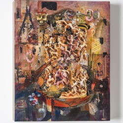 Parade, 2017, Paper, oil, pins, foam and linen on panel 77 x 62 x 13 cm