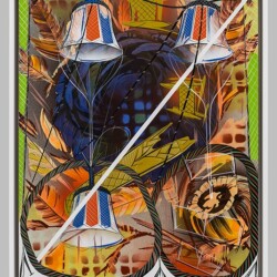Untitled #5, 2013, Cel-vinyl, spray enamel on prepared panel Framed: 54 x 44 cm