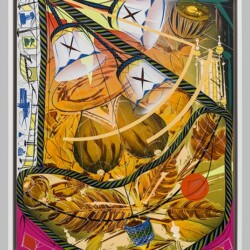 Untitled #6, 2013, Cel-vinyl, spray enamel on prepared panel Framed: 54 x 44 cm