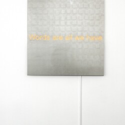 "Words are all we have", 2018, Aluminum, platinum leaf sheets, led 100 x 100 cm