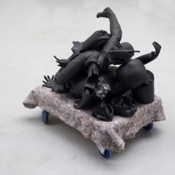 Mes Transports, 2012-13, Various objects, wood, metal, wheels, blankets, black wrap, 78 x 74 x 67 cm