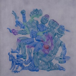 "Αλήτες του Δυτικού Κόσμου (μπλε) / Vagabonds of the Western World (blue)", 2020, Colour pencil on paper, 100 x 88 cm