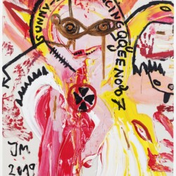 "LADY GUINEVERE'S DREAM: BIST SUNNIRRE?", 2019, Acrylic on coarse untreated cotton cloth, 210,5 x 140,3 x 3,3 cm